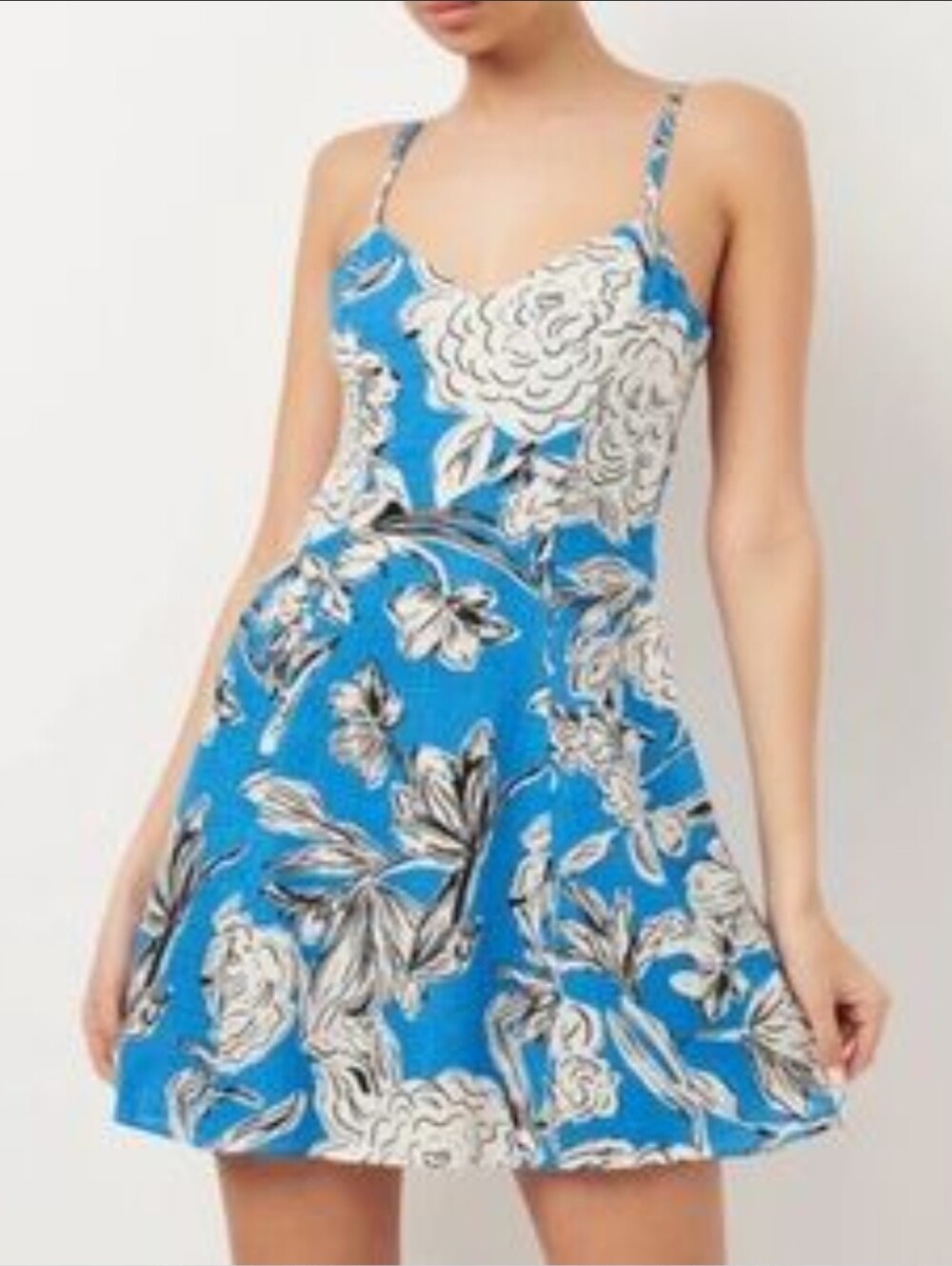 Zara Blue and White Floral Spaghetti-Strap Camisole Linen Dress Size Small